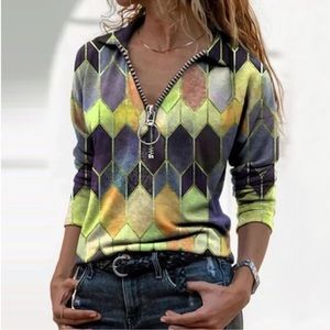New! hekka. Lapel Geometric Print Zipper Long Sleeve Casual Blouse